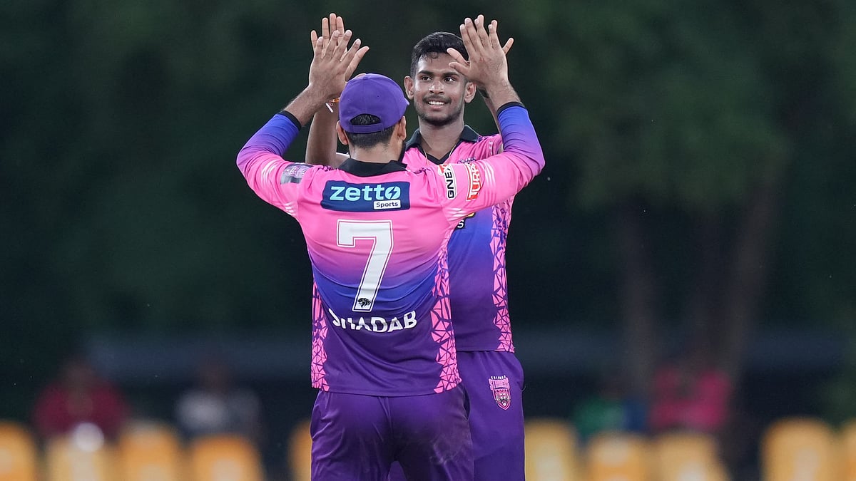 Lanka Premier League : Matheesha Pathirana (right) celebrates a wicket with teammate Shadab Khan during the Colombo Strikers vs Kandy Falcons, Lanka Premier League 2024 match in Dambulla on Saturday (July 6).